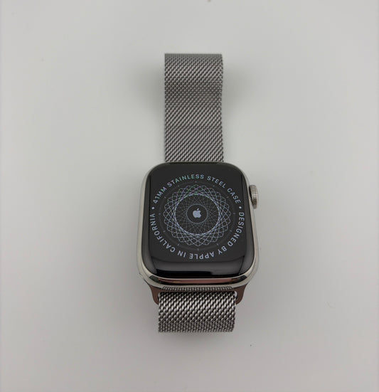 Apple Watch Series 7 41mm Silver Stainless Steel Case with Milanese Loop A2475 GPS Cellular Very Good